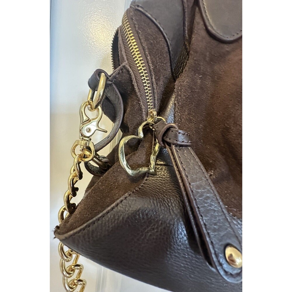AUDREY BROOKE Brown Suede & Leather Crossbody Satchel Handbag W/ Chain Strap - Picture 6 of 16
